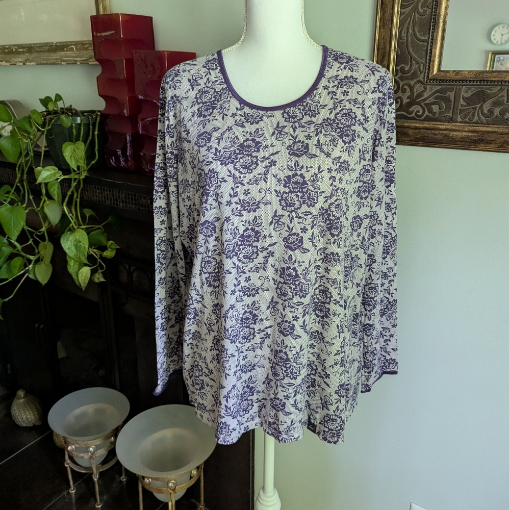 KOI Women's 2X Emmy Long Sleeve Knit Top Floral Lace Purple Srubs Workwear 49